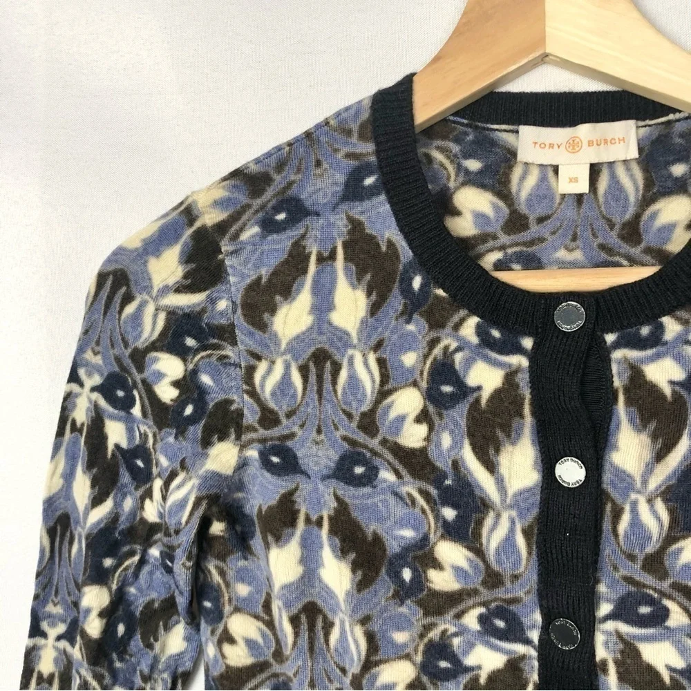 Tory Burch Blue Floral Lightweight‎ Button Down Cardigan Sweater XS